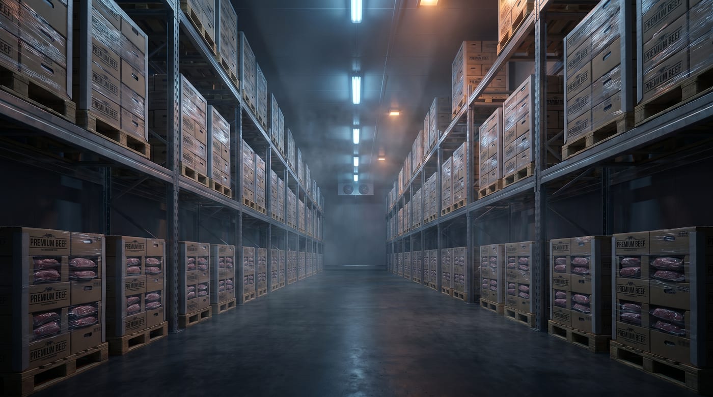 Armazém refrigerado da operação MultMeat com paletes de proteína premium